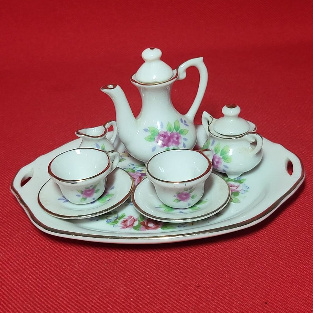 VTG Miniature Tea Set Pink Roses Gold Trim 10 Pc